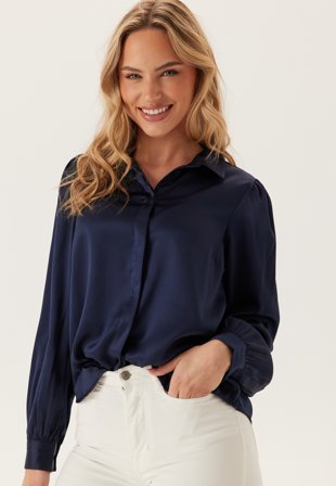 Bubbleroom - Satin Puff Sleeve Shirt - Navy - Kläder