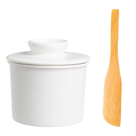 Smørkrukke med vandlinje til bordplade, fransk smørskål med låg, keramisk smøropbevaring til frisk smørepålæg