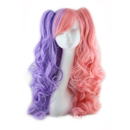 Wekity Multicolor Lolita Lång Lockar Hästsvans Cosplay Peruk, lila + röd