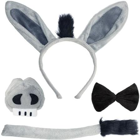 Aasin korvat pannanal, häntä, nenä ja solmio, eläinten rekvisiitta Halloween-cosplay-setti (4 osaa)