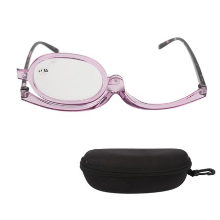 Single Len Makeup Glasögon Flip Down Transparent Lila Båge Roterande Förstora Kosmetiska glasögon +1,50