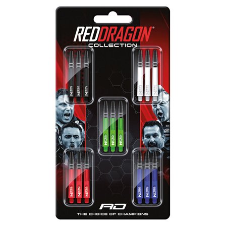 Red Dragon Darts Nitrotech Shafts Collection Card 42mm 5 Sets - Black,White,Red - Professional Replacement Dart Shafts for Players