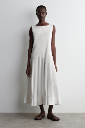 COS Women's Boat Neck Cotton A Line Midi Dress in White
