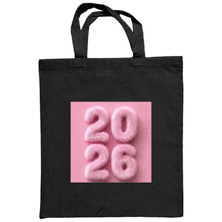 Kangaskassi Roosanvärinen höyhen teksti 2026 - moderni pastellitrendi uudenvuoden teemalla ja pehmeällä suunnittelulla henkilökohtaista tyyliä ja kori