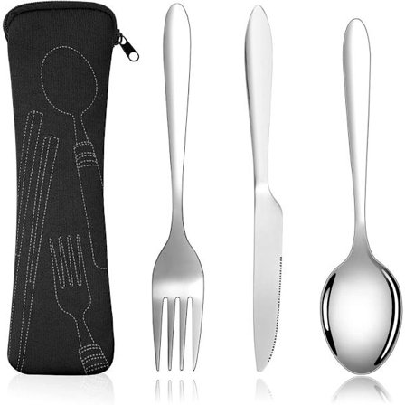 Bærbart bestik, 3-delt bestiksæt ske, gaffel, kniv, perfekt til camping, picnic, arbejde, vandreture (sølv)