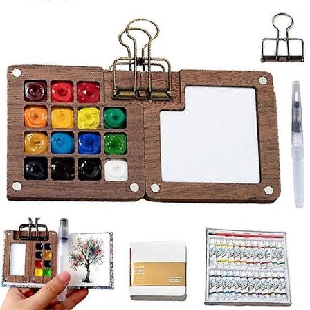 Mini Akvarellsett, Lommekunstner Akvarellsett, Akvarellmalesett, Reiseakvarellsett med 24 Farger