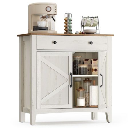 Skænk, opbevaringsskab med skuffe, køkkenskab med døre, rustikt hvidt og honningbrunt