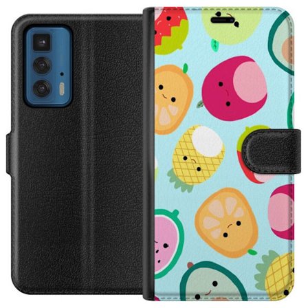 Kompatibel Tegnebogsetui til Motorola Edge 20 Pro Mønster af kawaii frugter som jordbær citron ananas og avocado på lyseblå baggrund