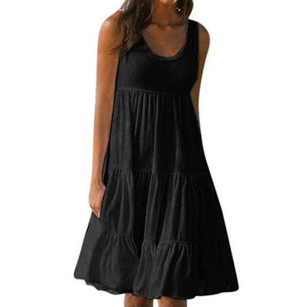 Sommerkjole dame løs passform volang mini strand fritid ferie Svart Black