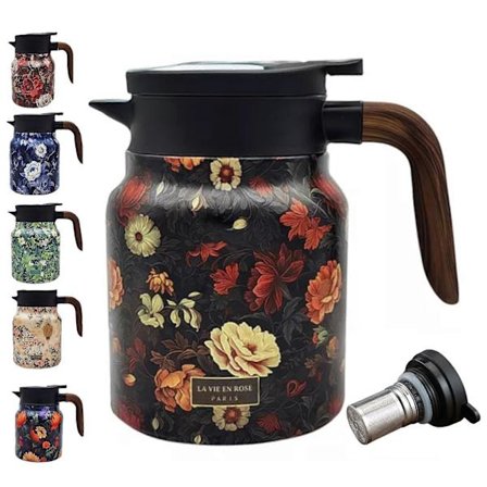 Vintage Blommig Te Termos med Inbyggd Sil, 1000ml Rostfri Termoskanna Tekanna för Varma Drycker, Hem & Kontor