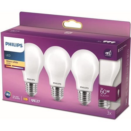 Philips, paket med 3 E27 LED 60W -glödlampor, varm vit