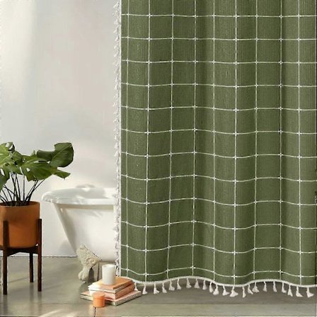 Grønt Boho Bondehus Bruseforhæng med Kvaster, Rustik Cottagecore Æstetisk Boheme Chic Moderne Badeværelsesindretning Tykt Vaffeltekstureret Stof 