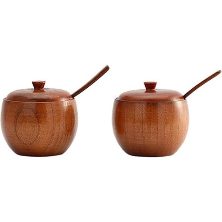 2 stk. Trækrydderiglas Krydderibøtte Sauce Skål Saltbeholder Æske Køkkenartikler med låg og ske