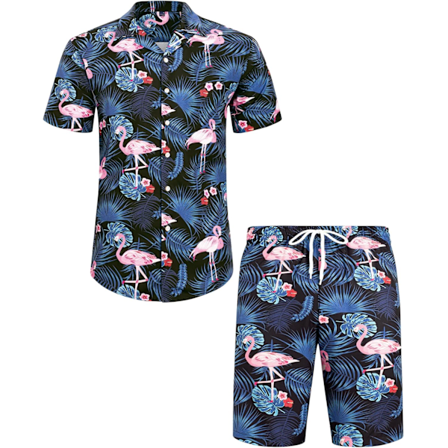 Herre Hawaiiskjorte og shorts sett Regular Fit kortarmet casual funky strand flamingo skjorte sett M