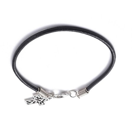 REA__Svart Läder armband med Silverpäterad kors 20 cm.i omkrets