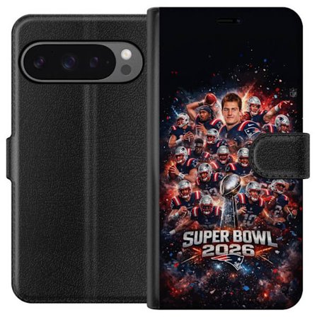 Yhteensopiva Lompakkokotelo Google Pixel 9 Pro XL Super Bowl 2026 juliste, jossa New England Patriots ja NFL-mestaruuspalkinto räjähtävän urheilullise