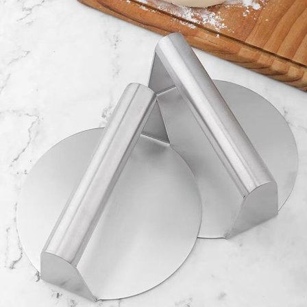 Två hamburgarformar i rostfritt stål, runda platta grillformar med handtag, non-stick slät botten, inga åsar, lämpliga för att laga hamburgare