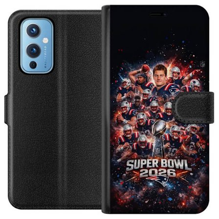 Yhteensopiva Lompakkokotelo OnePlus 9 Super Bowl 2026 juliste, jossa New England Patriots ja NFL-mestaruuspalkinto räjähtävän urheilullisessa suunnitt