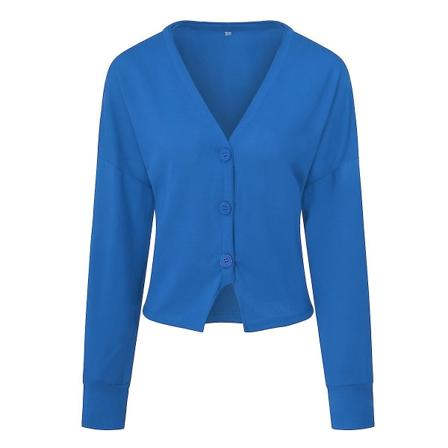 Bomulls Cardigan for Dame med V-hals, Løstsittende, Ensfarget, Casual Design, 15 Farger Blue XL
