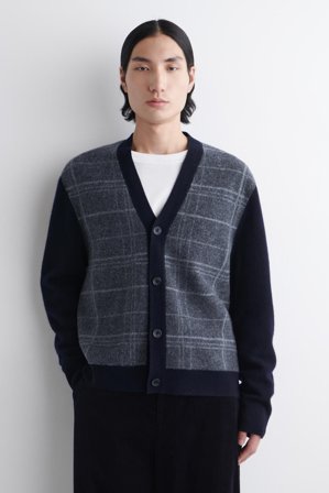 COS Men's Checked Wool V Neck Cardigan Sweater in Blue