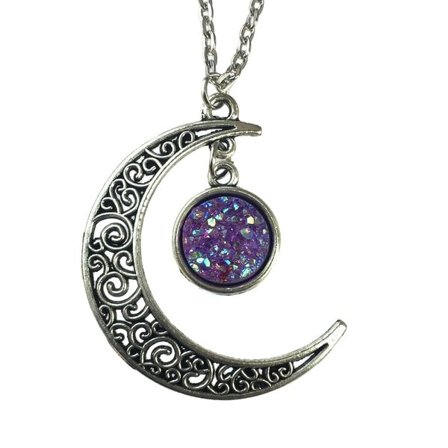 Necklace - Crescent Moon - Glitter - Druzy - Purple