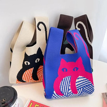 Handmade Knit Handbag Women Mini Knot Wrist-bag Female Casual Color Wide Stripe Plaid Tote Bag Student Reusable Shopping Bag