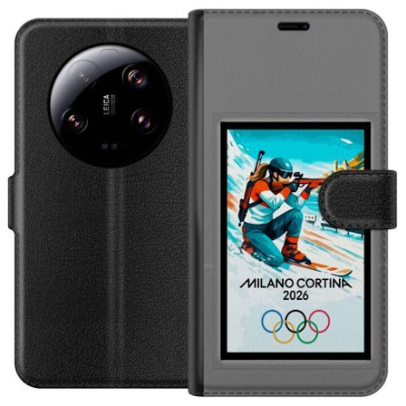 Kompatibelt Lommeboketui til Xiaomi 13 Ultra Retroplakat Cortina Milano 2026 med fjell, vintersportsutøvere, italienske trikolor, Milano-katedralen og