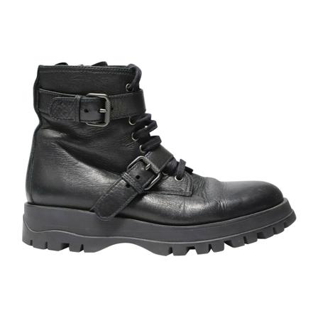 Prada Vintage, Pre-Owned Combat Style Ankle Boots in Leather Zwart, Dames, Maat:37 EU