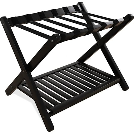 Bagasjehylle, sammenleggbar koffertstativ i bambus med oppbevaringshylle for gjesterom, soverom, hotell, kraftig (svart)