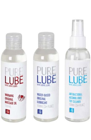 Pure Wasserbasiertes Gleitmittel + Antibakterieller Spielzeugreiniger + Wärmendes Massageöl 3 x 150 ml