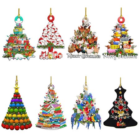 8 stk. juletræ træophængs ornamenter sæt, farvet