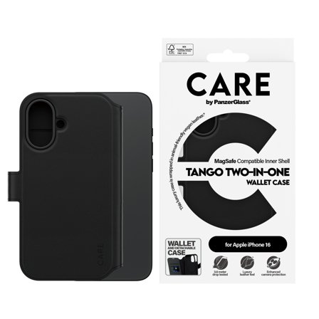 PanzerGlass CARE iPhone 16 Tango 2-i-1 Lommebokdeksel (sort) Avtagbar folio med 3 kortlommer, vegansk lær, MagSafe kompatibel