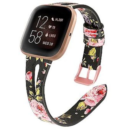 Fitbit Versa 2 -rannekkeelle (Musta Pinkki Kukka)