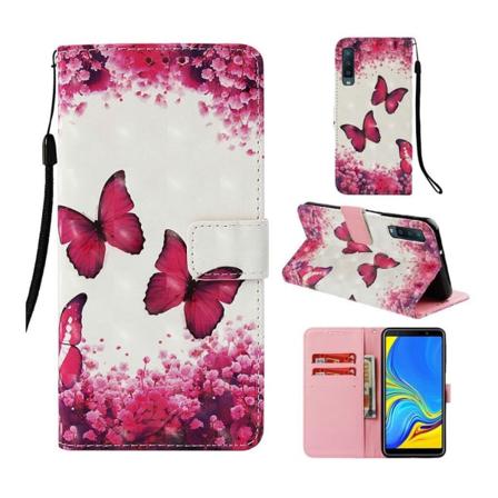 Samsung Galaxy A7 (2018) kuviollinen synteetti nahkainen lompakko suojakotelo - Pinkit Perhoset Red