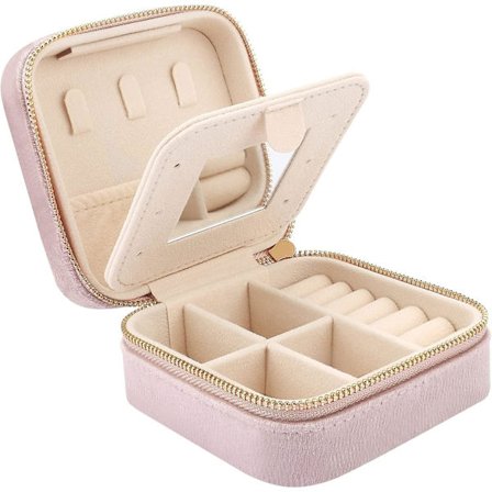 Mini Rejse Smykkeskrin i Velour med Spejl, Rejse Smykkeæske Organizer, Lille Smykke Organizer Opbevaring til Ringe Øreringe Halskæder Armbånd, Nål