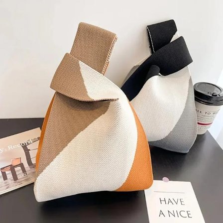 Handmade Knit Handbag Women Mini Knot Wrist-bag Female Casual Color Wide Stripe Plaid Tote Bag Student Reusable Shopping Bag
