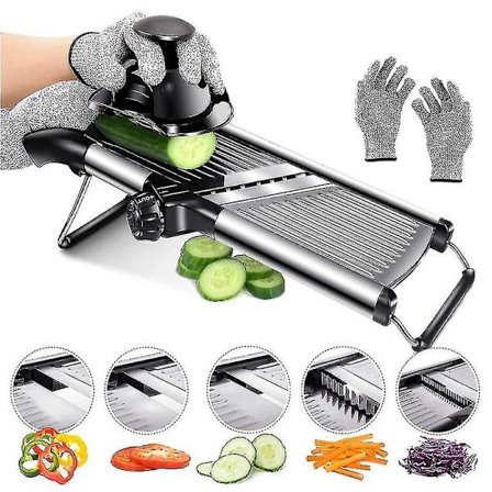 Professionell köksmandolin i rostfritt stål, justerbar multifunktionell mandolin, med handskydd och säkerhetshandskar, för grönsaker, potatis, lök