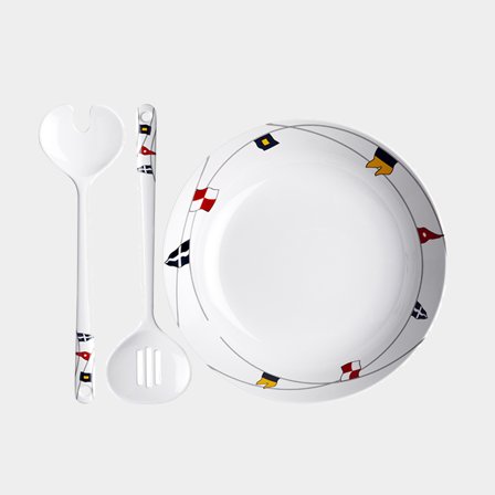 Ensaladera y cubiertos de ensalada de melamina Marine Business Regata, blanco/estampado, 25 cm