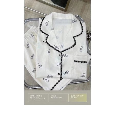 Dame Pyjamassett Vår Sommer 2 Deler Sløyfetrykk Pyjamas Faux Silke Sateng Nattøy Kortarmet Pijama Mujer Pjs Hjemmeklær—max