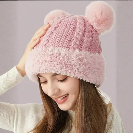Vinterstrikket hue til kvinder, vindtæt og varm foret hue, sød ørebeskyttende plys vinterhue.
