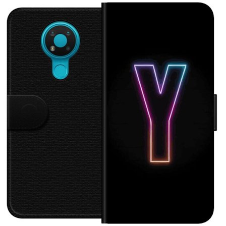 Yhteensopiva Lompakkokotelo Nokia Nokia 3.4 Minimalistinen neonkirjain Y värinvaihtuvassa valossa mustaa taustaa vasten