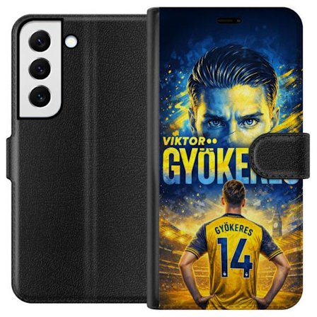 Kompatibelt Lommeboketui til Samsung Samsung Galaxy S22+ 5G Viktor Gyökeres fotballplakat i gult og blått med dramatisk stadionbakgrunn, sportillust
