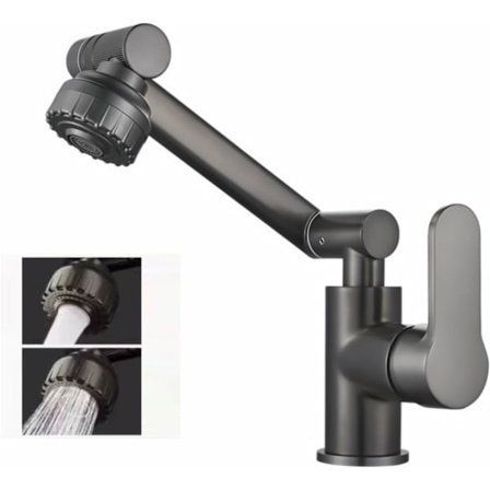 Badeværelsesarmatur 1080° drejelig enkelt hul et håndtag 2 vandudløbstilstande mekanisk drejelig hane til badeværelse køkkenvask grå