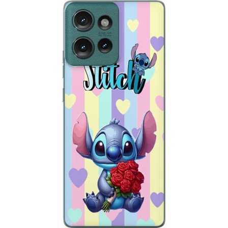 Kompatibelt Mobildeksel til Motorola Edge 50 Romantisk illustrasjon av Stitch som holder røde roser mot stripet bakgrunn