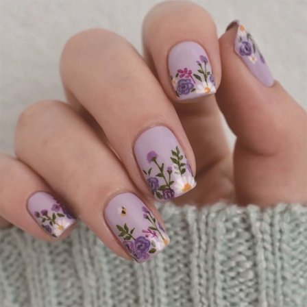 24x Korta Fyrkantiga Lösnaglar Blommor Konstgjorda Naglar Glansiga Tryck På Naglar