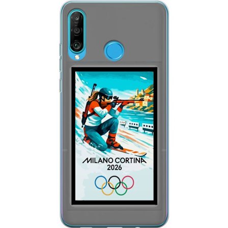 Kompatibelt Mobildeksel til Huawei P30 lite Retroplakat Cortina Milano 2026 med fjell, vintersportsutøvere, italienske trikolor, Milano-katedralen og
