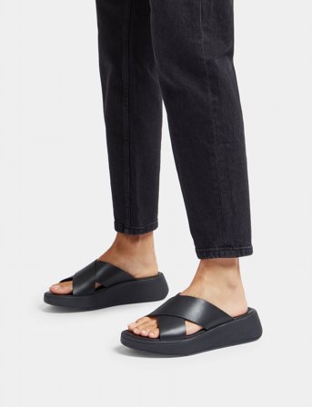 FitFlop F-Mode Leather Flatform Cross Slides - Black - 40
