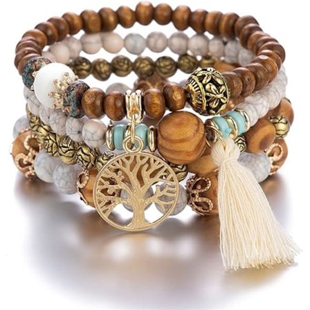 Boho Pärlarmband, Flerlagers Armband med Träpärlor, Stretcharmband, Turistsouvenir Livets Träd Armband för Kvinnor (4-pack)
