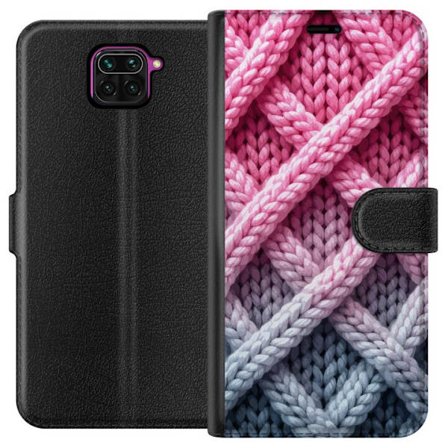 Kompatibel Tegnebogsetui til Xiaomi Redmi Note 9 Nærbillede af vævet tekstilmønster i nuancer af lyserød, grå og hvid med taktil struktur