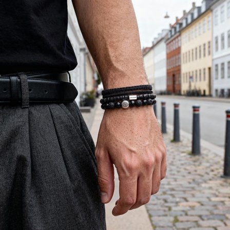 Armbandenset van Lavasteen, Onyx, Kokosnoot en Sterling Zilver voor mannen - Kralenarmbanden